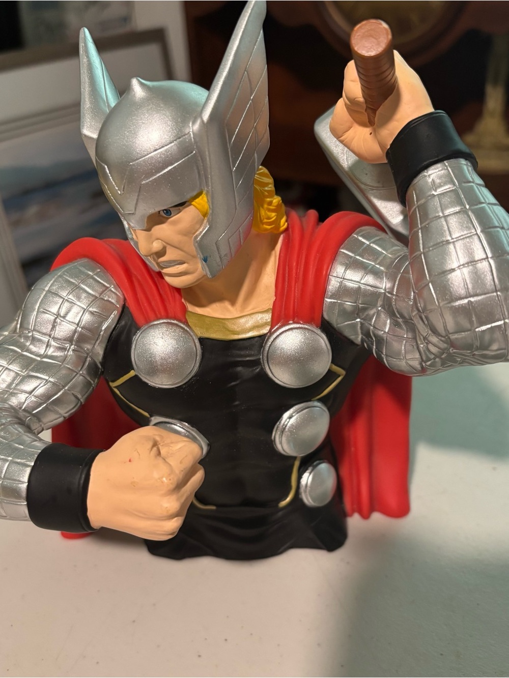 Thor Coin Bank - Red Cape Silver Armor. Used good shape. Plastic